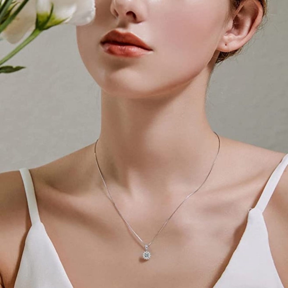 NEW! Moissanite Sunburst Halo Sterling Silver 925 Pendant